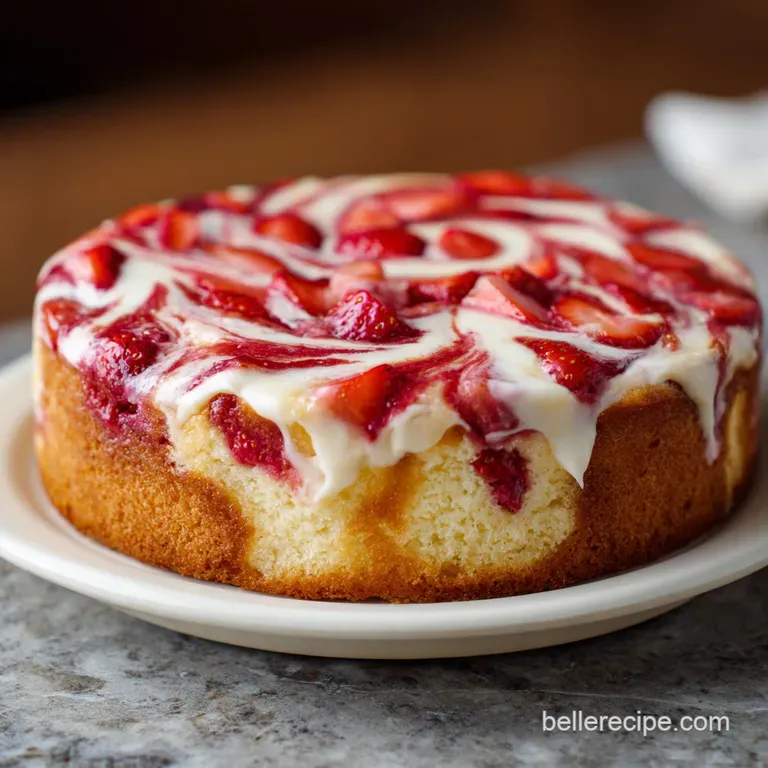 Slice of strawberry cake on a white plate. Creamy filling oozes from the cracked surface. Garnished with fresh sliced stra...