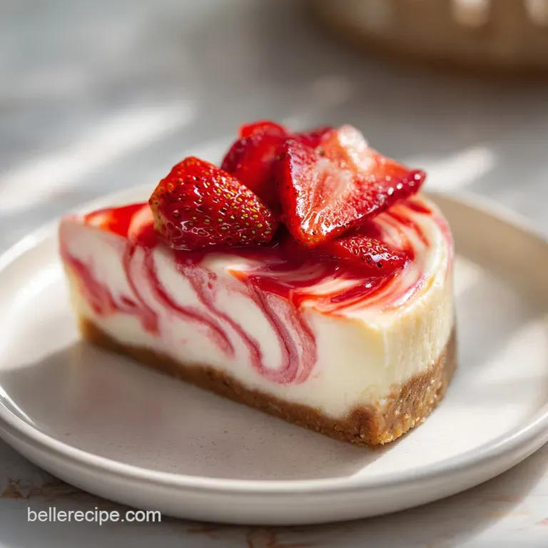 A slice of strawberry swirl cheesecake with fresh strawberries, a sprig of mint, and a dusting of powdered sugar.