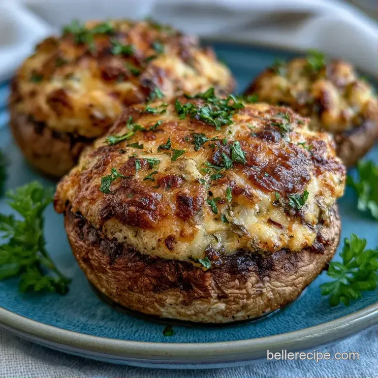 Tiny mushroom caps filled with golden breadcrumbs and melted cheese, arranged neatly on a slate gray appetizer tray.