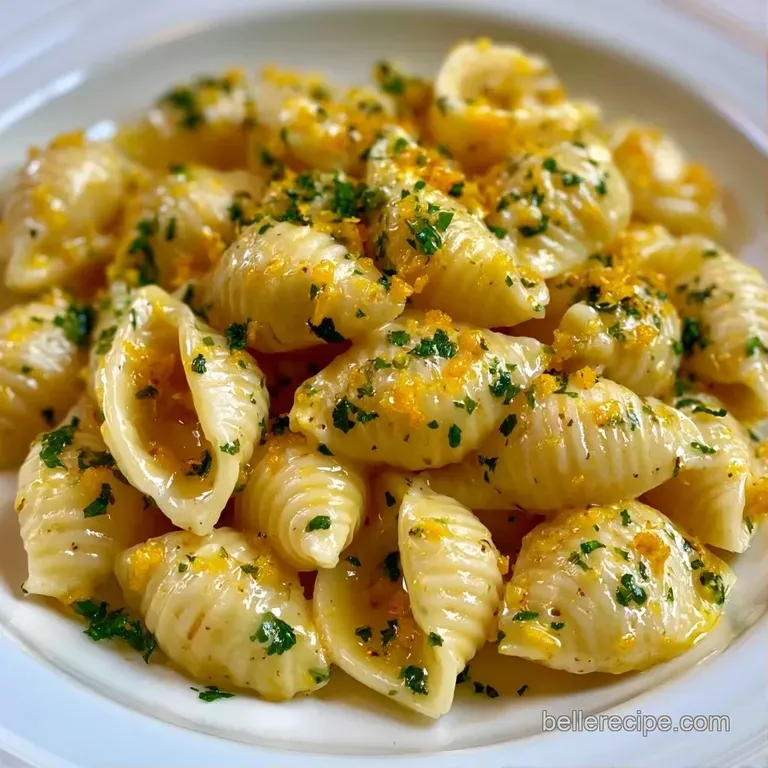 Spiral pasta tossed with vibrant green herbs and lemon, plated in a white bowl on a sunlit marble surface.