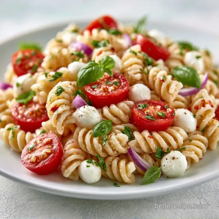Bright rotini pasta mixed with red tomatoes and basil leaves, served in a white bowl on a sunny linen tablecloth.