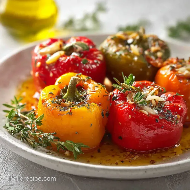A colorful mix of sweet peppers plated alongside crusty bread, brightened with herbs and a drizzle of oil, ready to be enj...