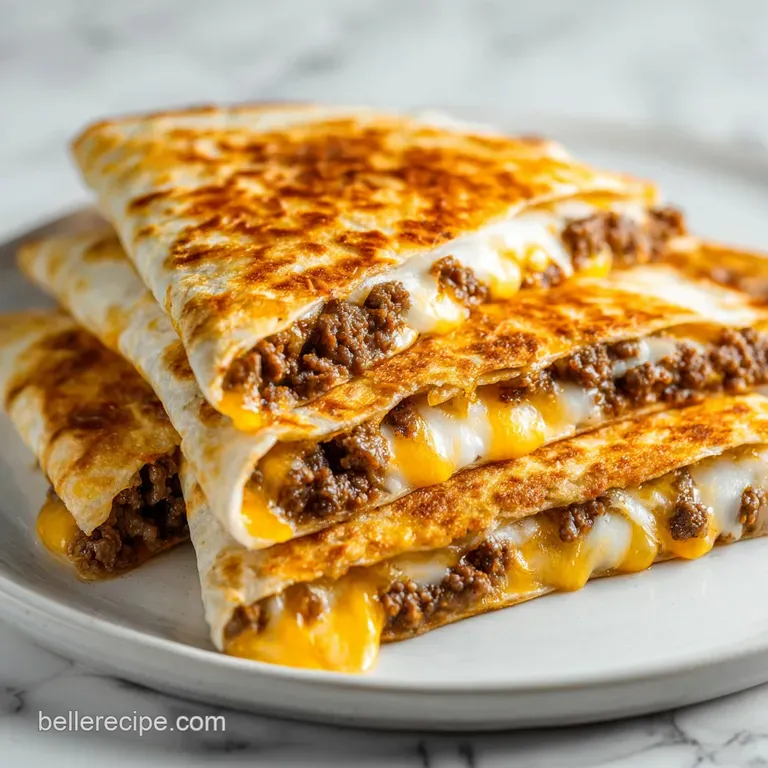 Toasted flour tortillas sliced in half, showing melted cheese and savory fillings on a modern matte black plate.