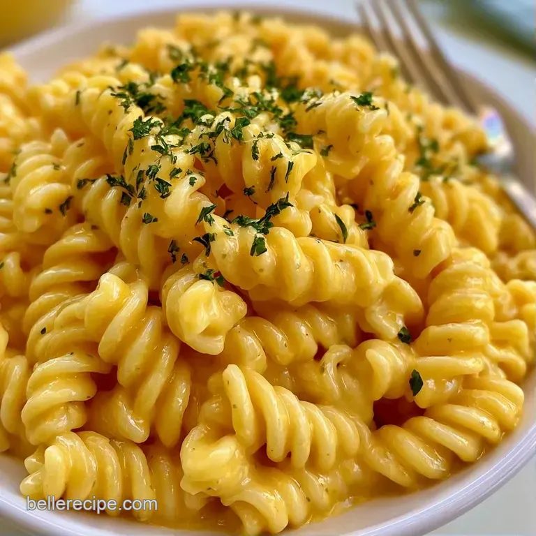 A chilled bowl of pasta tossed with vibrant vegetables and a creamy gold sauce, served on a white ceramic platter.