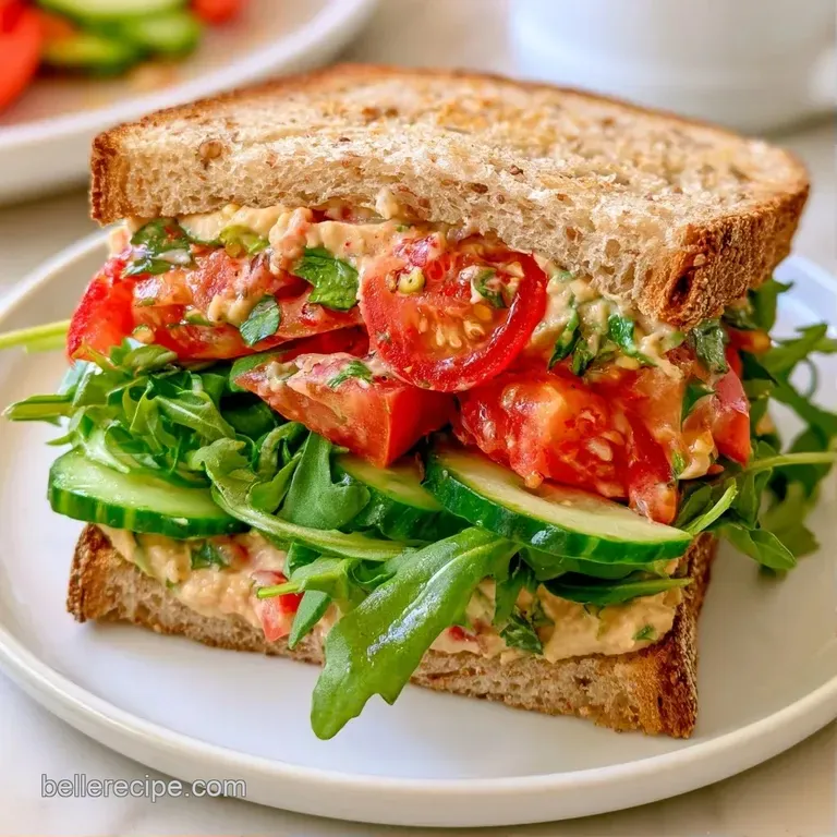 Two halves of a stacked veggie sandwich on a white ceramic plate with a side of bright orange carrot sticks.