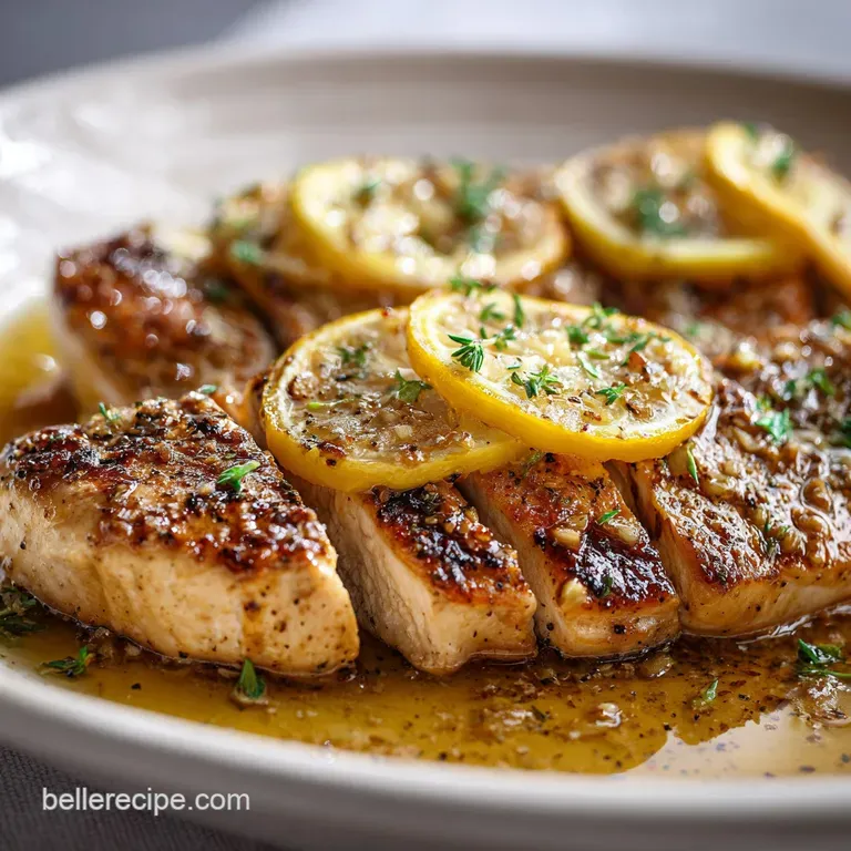 Succulent, pan-seared chicken glistening beside bright green asparagus and lemon wedges on a white plate.