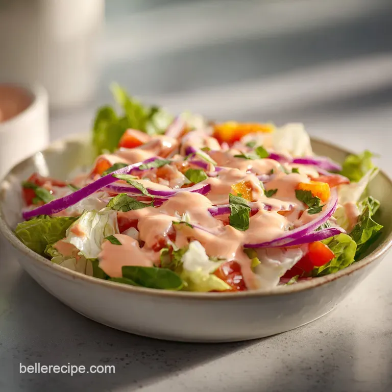 Elegant pool of pale orange Thousand Island dressing drizzled on vibrant green lettuce, topped with a juicy, quartered tom...