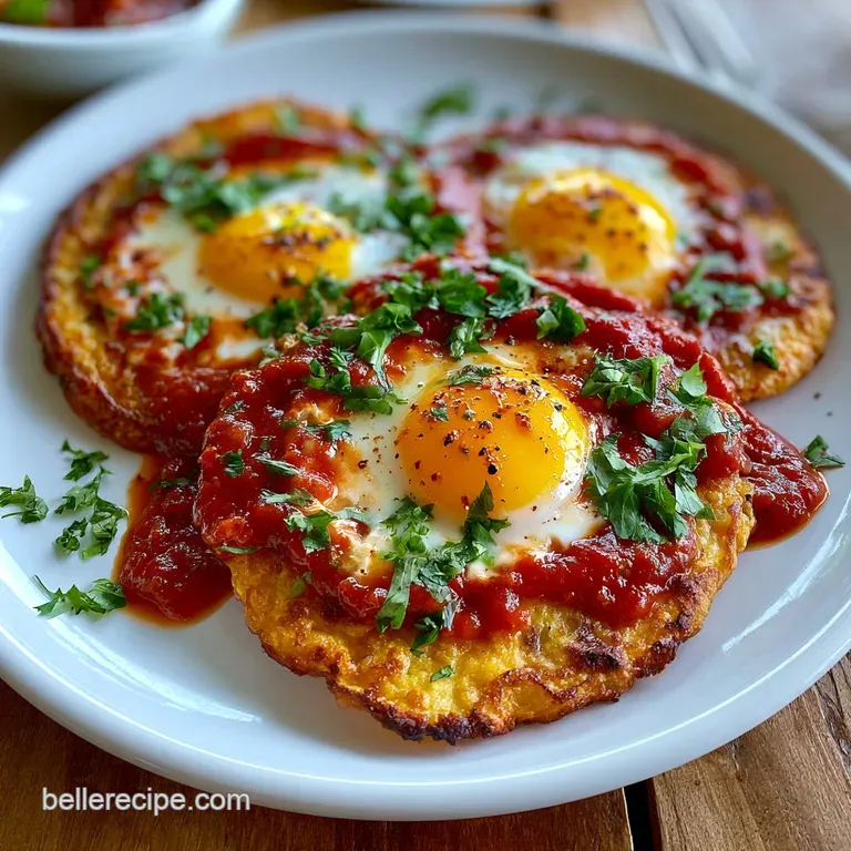 Two golden-fried eggs on crispy tortillas, drizzled with red sauce and topped with crumbled cotija and cilantro.