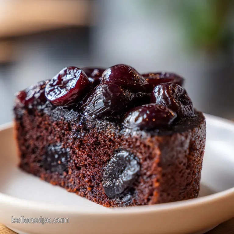 A slice of dark, moist cake on a white plate, finished with a drizzle of glossy glaze and a sprig of fresh mint.
