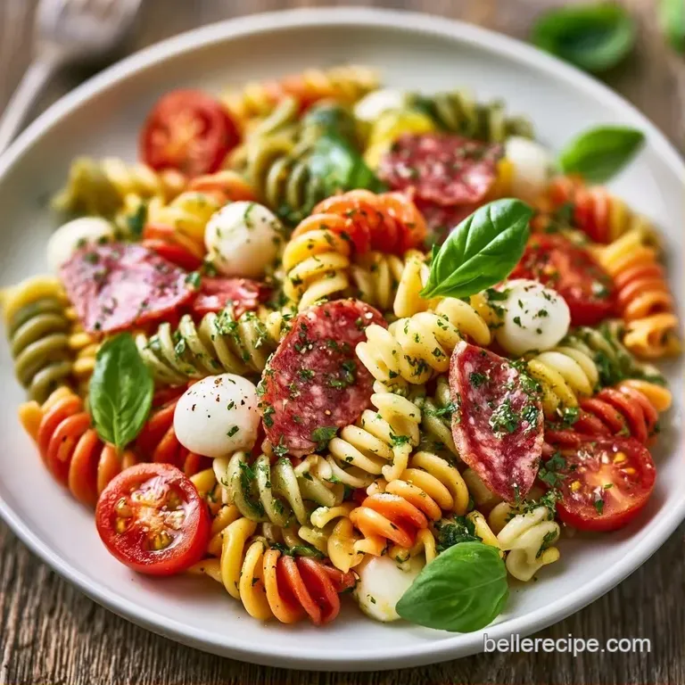 Spiral pasta in red, white, and green tones tossed with diced cheese and herbs on a modern matte black platter.