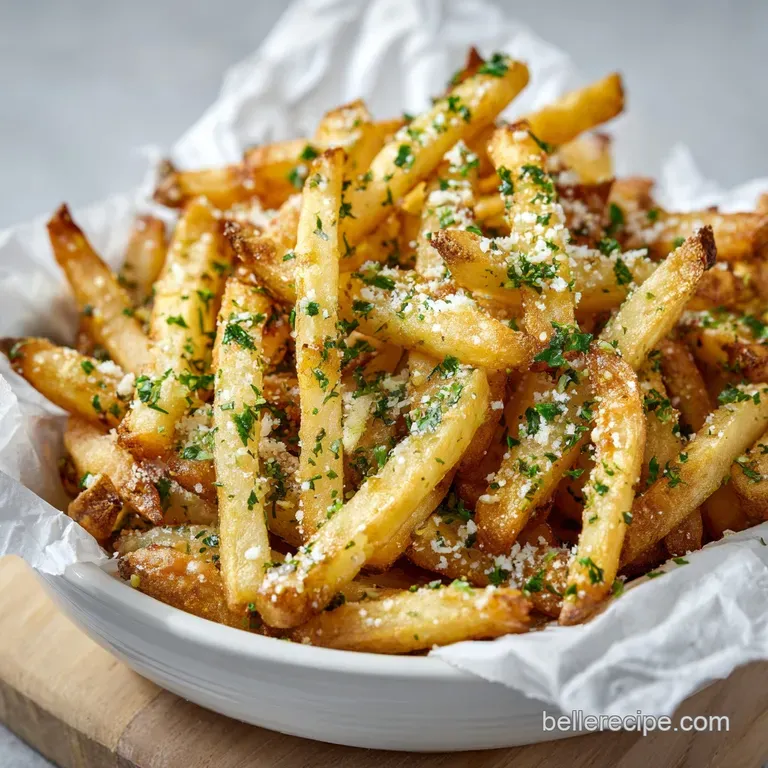 Elegant plating of truffle fries in a cone, sprinkled with herbs, glistening with oil, ready for fine dining.
