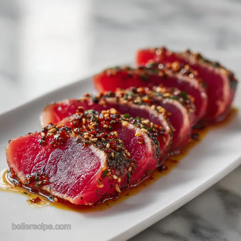 Elegant arrangement of translucent red tuna slices on a white slate platter with dots of oil and fresh herbs.