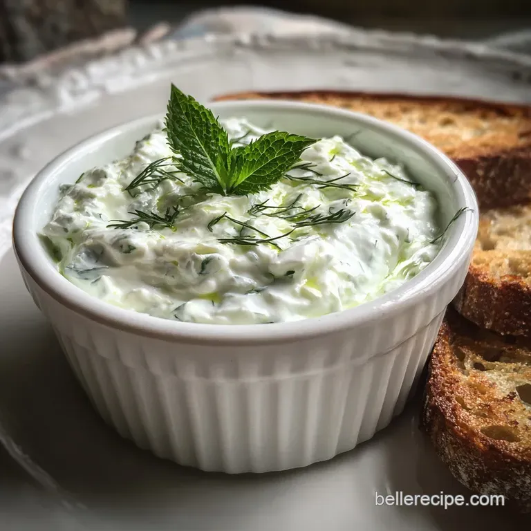Small ramekin of thick tzatziki topped with fresh dill, alongside warm pita triangles. Light reflecting off the glossy sauce.