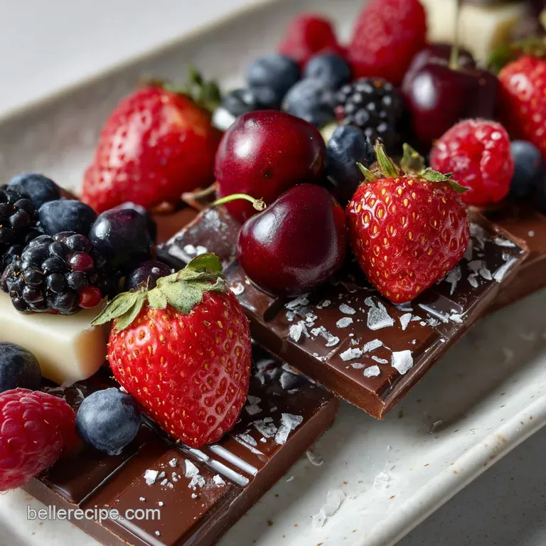 Artfully arranged Valentine's charcuterie: chocolate squares, plump raspberries, blueberries, and creamy brie on a wooden ...