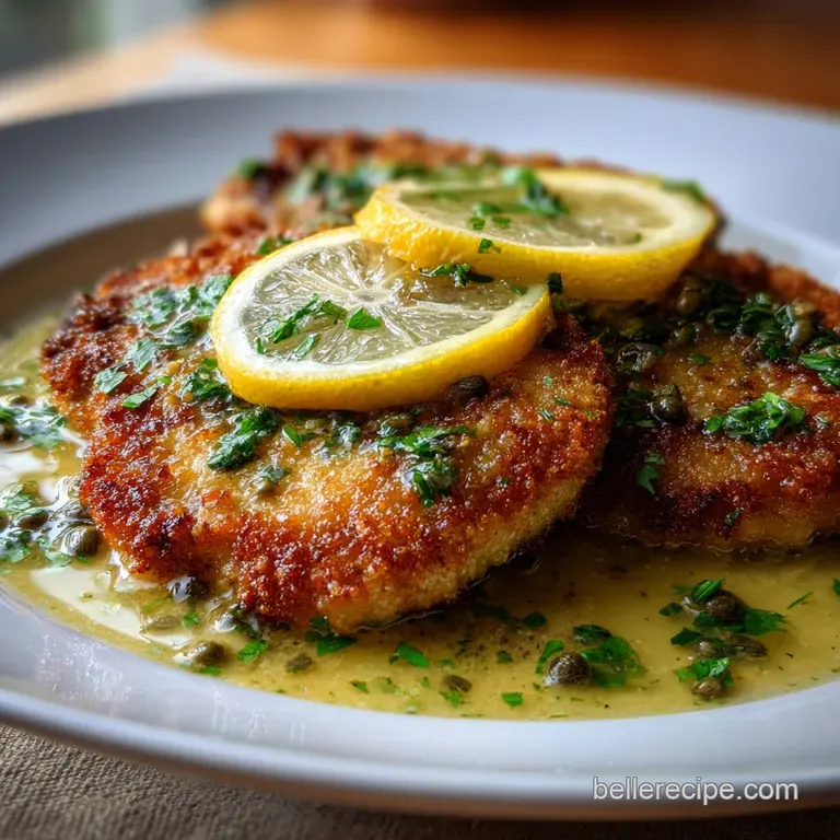 Elegant veal cutlet plated with vibrant lemon slices, parsley sprigs, and a glossy sauce. The cutlet's crust contrasts a s...