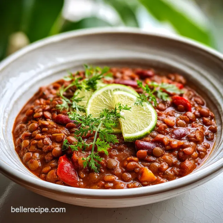 Steaming bowl of lentil chili, vibrant with green cilantro and red peppers, served with a side of crusty bread, inviting w...