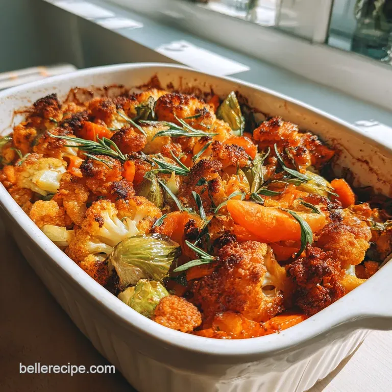 Elegant serving of the oven-baked vegan casserole, showing tender roasted vegetables atop a golden-brown crust, fresh herbs.
