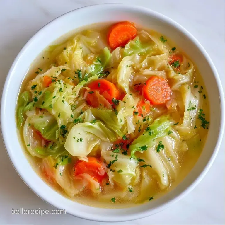 White ceramic bowl of clear golden broth with vibrant green cabbage and diced root vegetables, garnished with parsley.