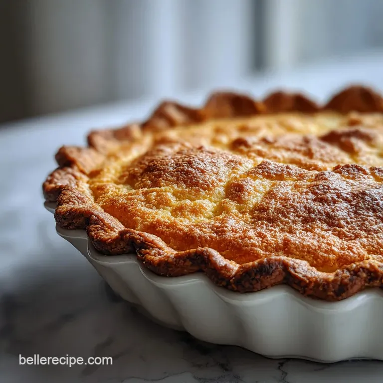 Slice of golden vinegar pie with a dollop of whipped cream and a dusting of cinnamon on a vintage plate.