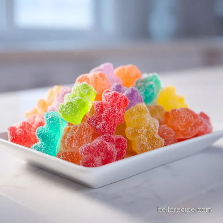 A chilled glass brimming with jewel-toned frozen gummy bears, frosty condensation.