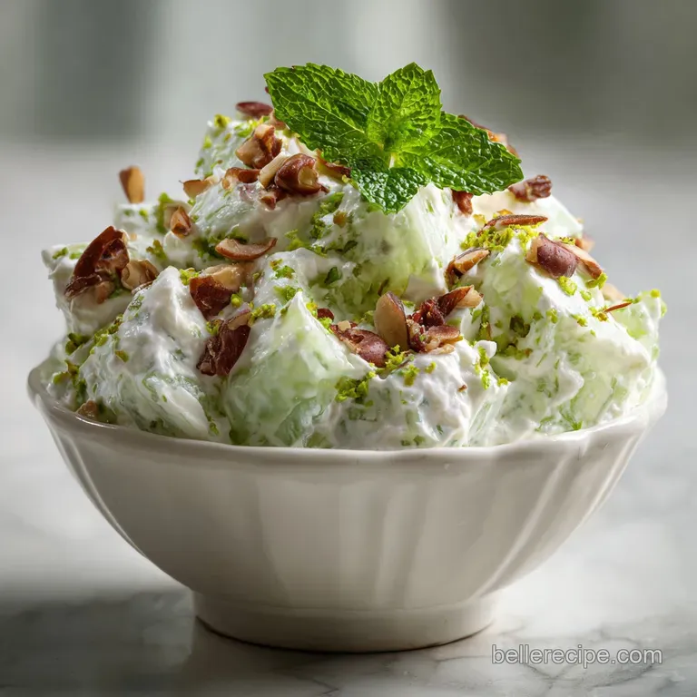 Scoop of creamy, pastel-green salad in a glass bowl, topped with whipped cream and a single maraschino cherry.