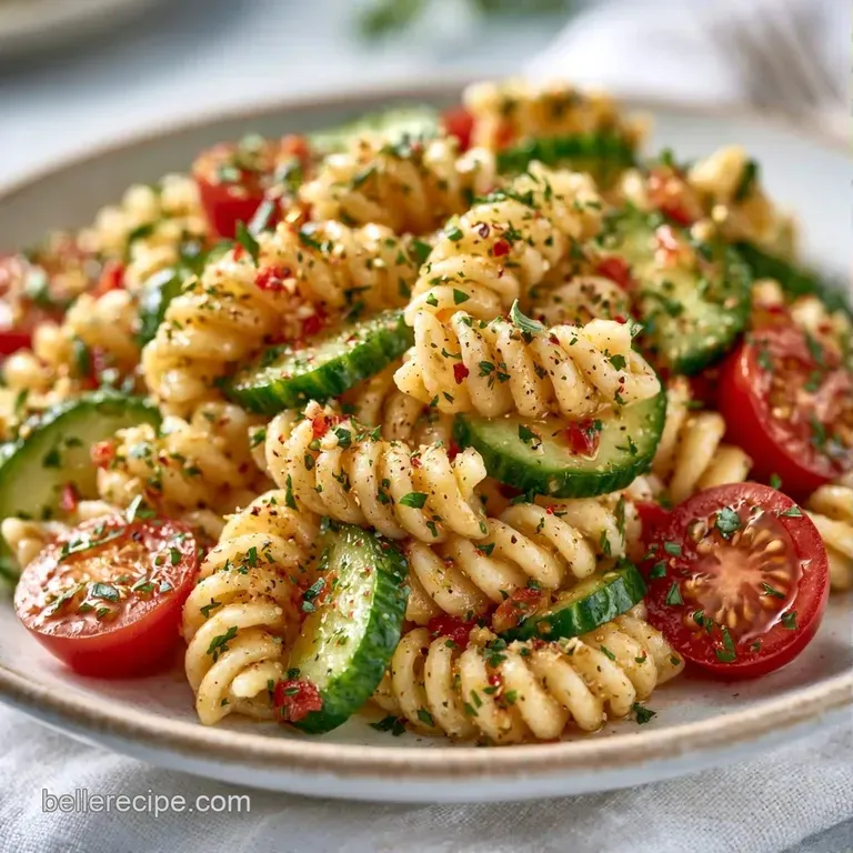 A chilled pasta salad in a white ceramic bowl, garnished with lemon slices and a sprinkle of cracked black pepper.