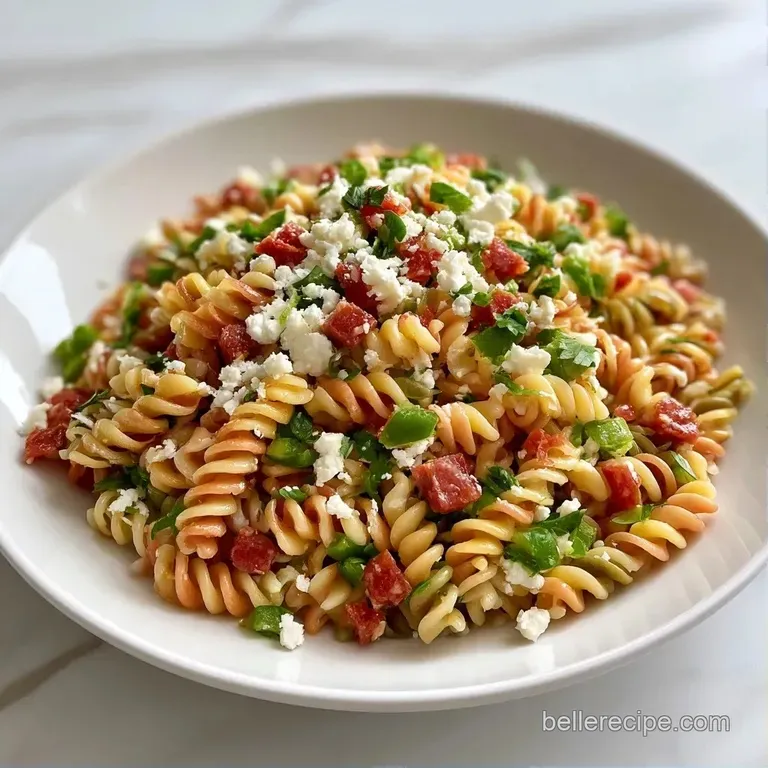Vibrant pasta salad in a white bowl with bright red peppers, briny olives, and sliced pepperoni on a marble surface.
